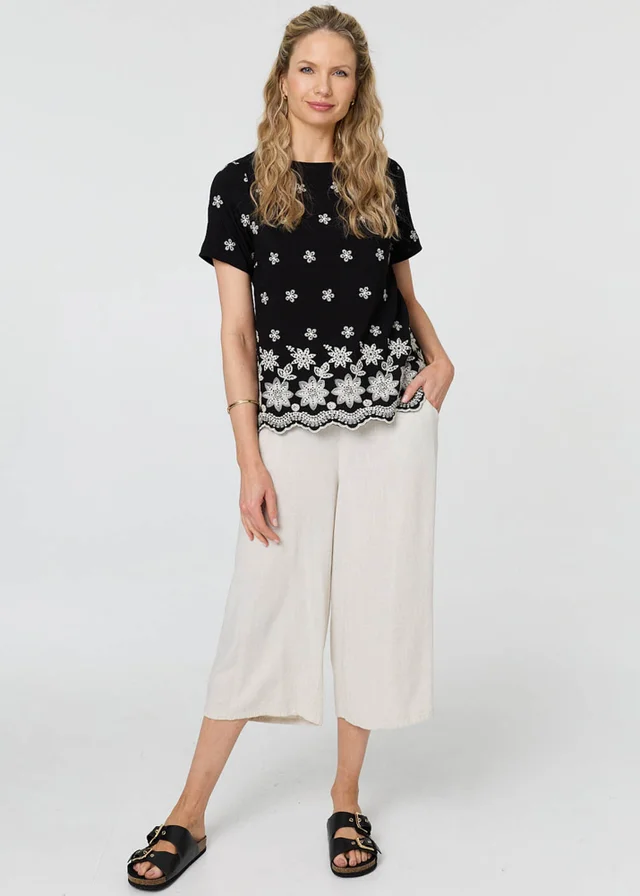 Izabel London Black Floral Embroidered Short Sleeve Top
