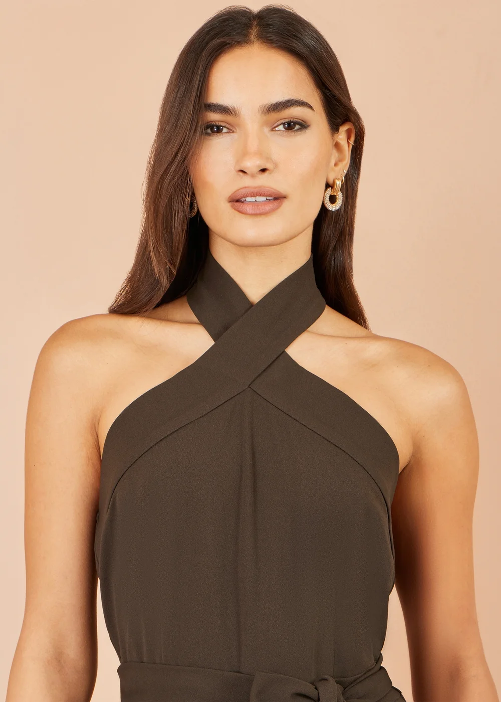 Yumi Brown Cross Over Halter Neck Jumpsuit - 18 Image 4