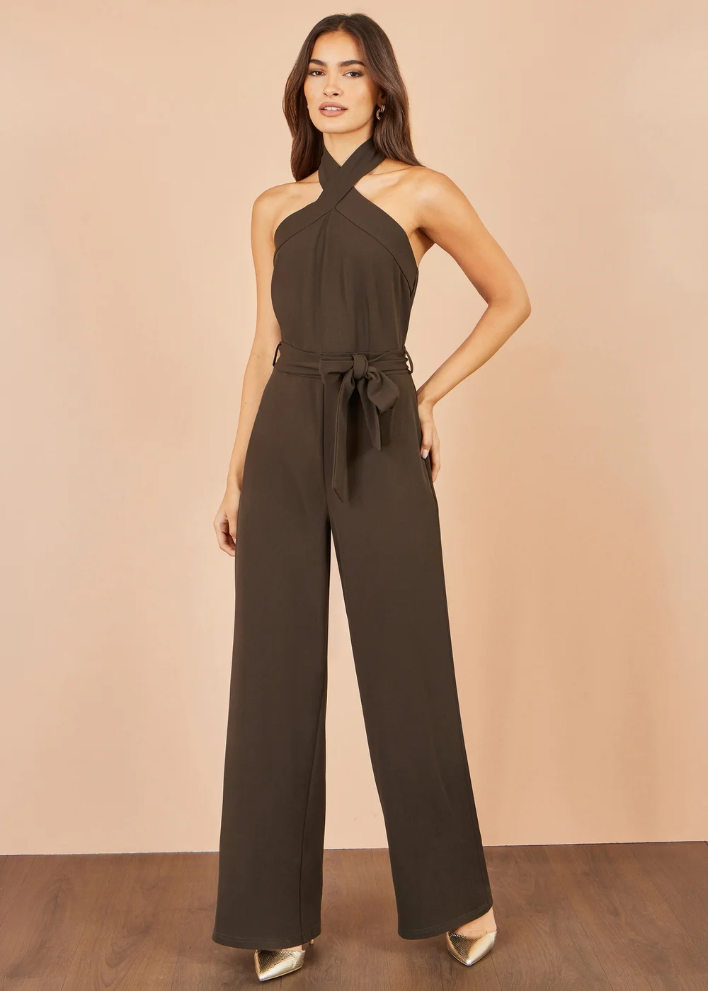 Yumi Brown Cross Over Halter Neck Jumpsuit - 18 Image 2