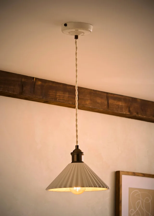 ValueLights Burford Ceramic Ribbed Ceiling Pendant With Warm White Bulb