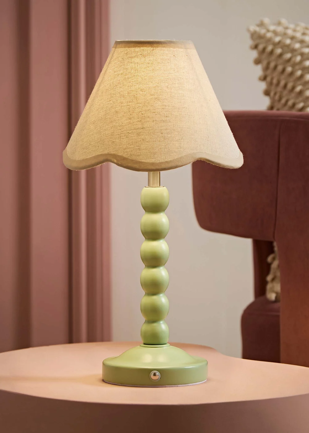 ValueLights Bobble Green Rechargeable Table Lamp With Natural Trim Scallop Shade - One Size Image 1