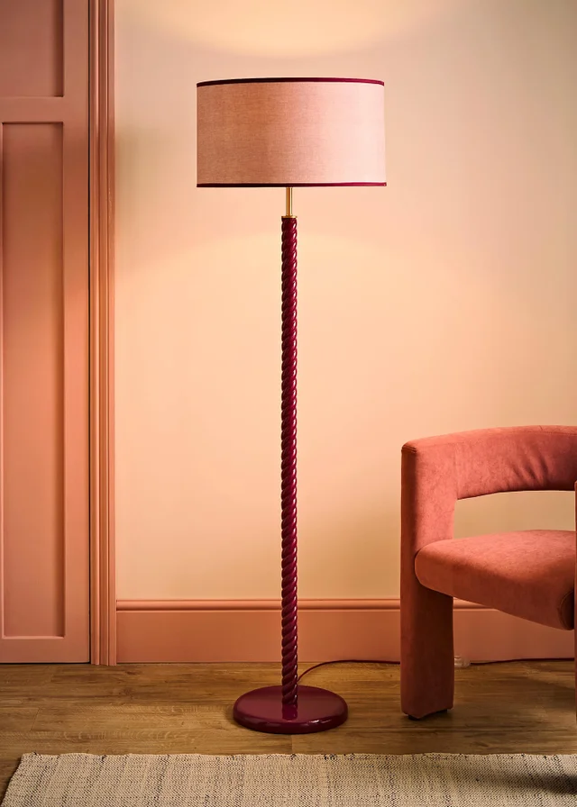 ValueLights Amara Pink Twist Floor Lamp With Colour Match Inner Shade & Warm White Bulb