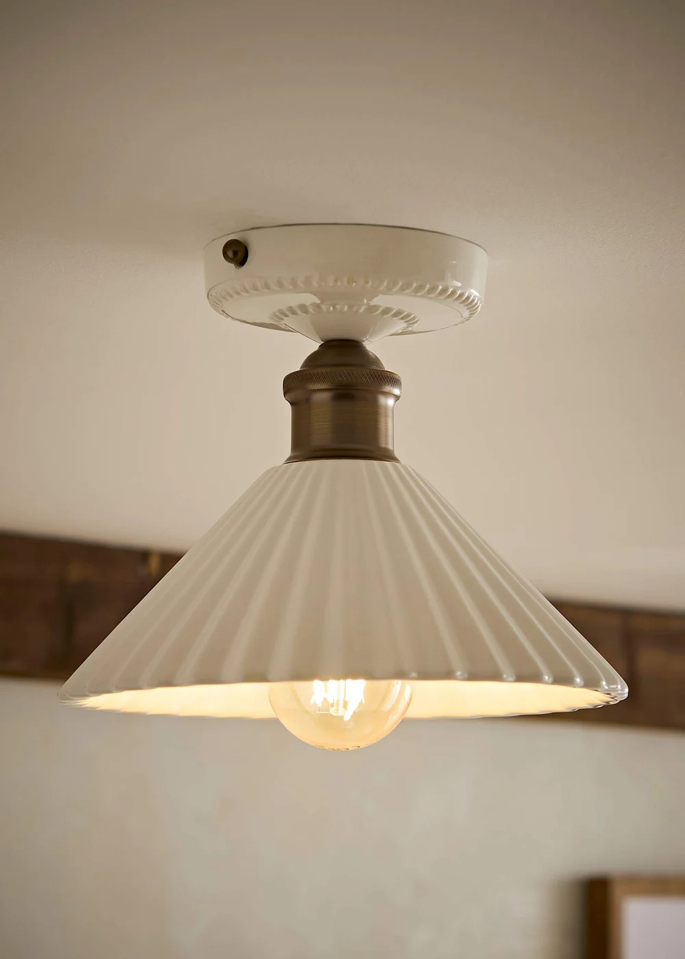 ValueLights Burford Ceramic Ribbed Semi Flush Ceiling Light With Warm White Bulb - One Size Image 1