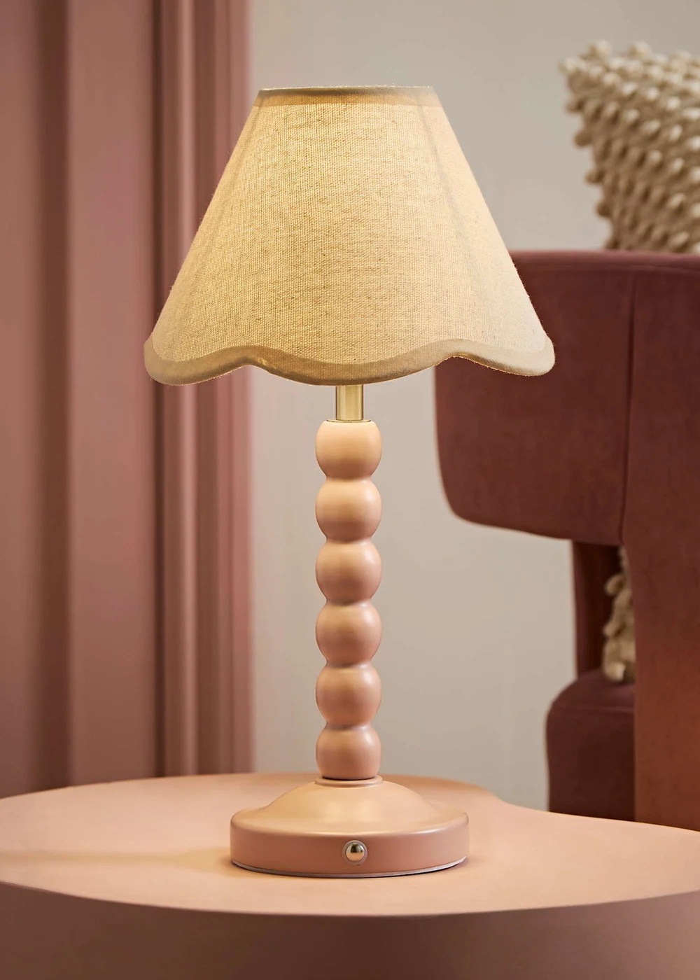 ValueLights Bobble Pink Rechargeable Table Lamp With Natural Trim Scallop Shade - One Size Image 1