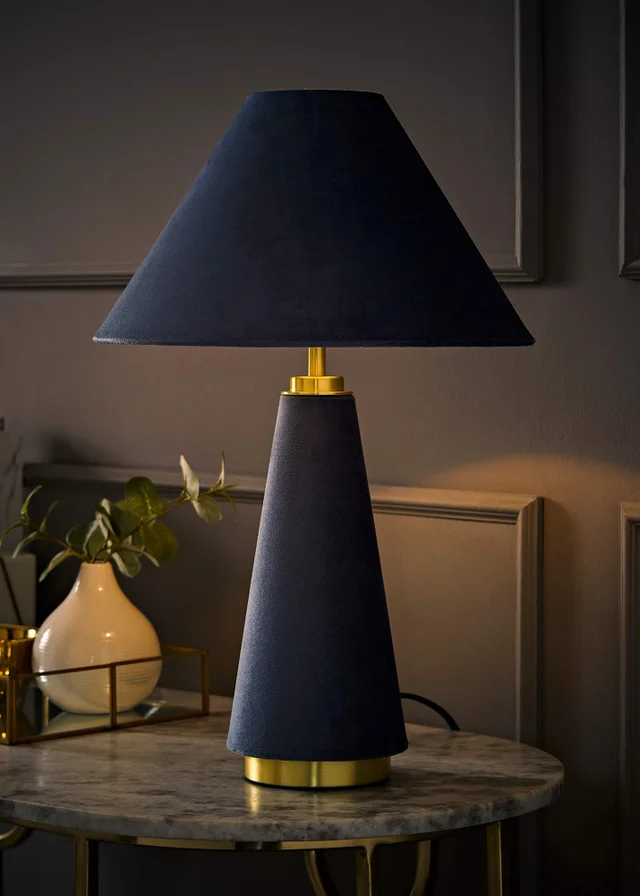 ValueLights Martha Denim Blue Velvet Table Lamp With Warm White Bulb