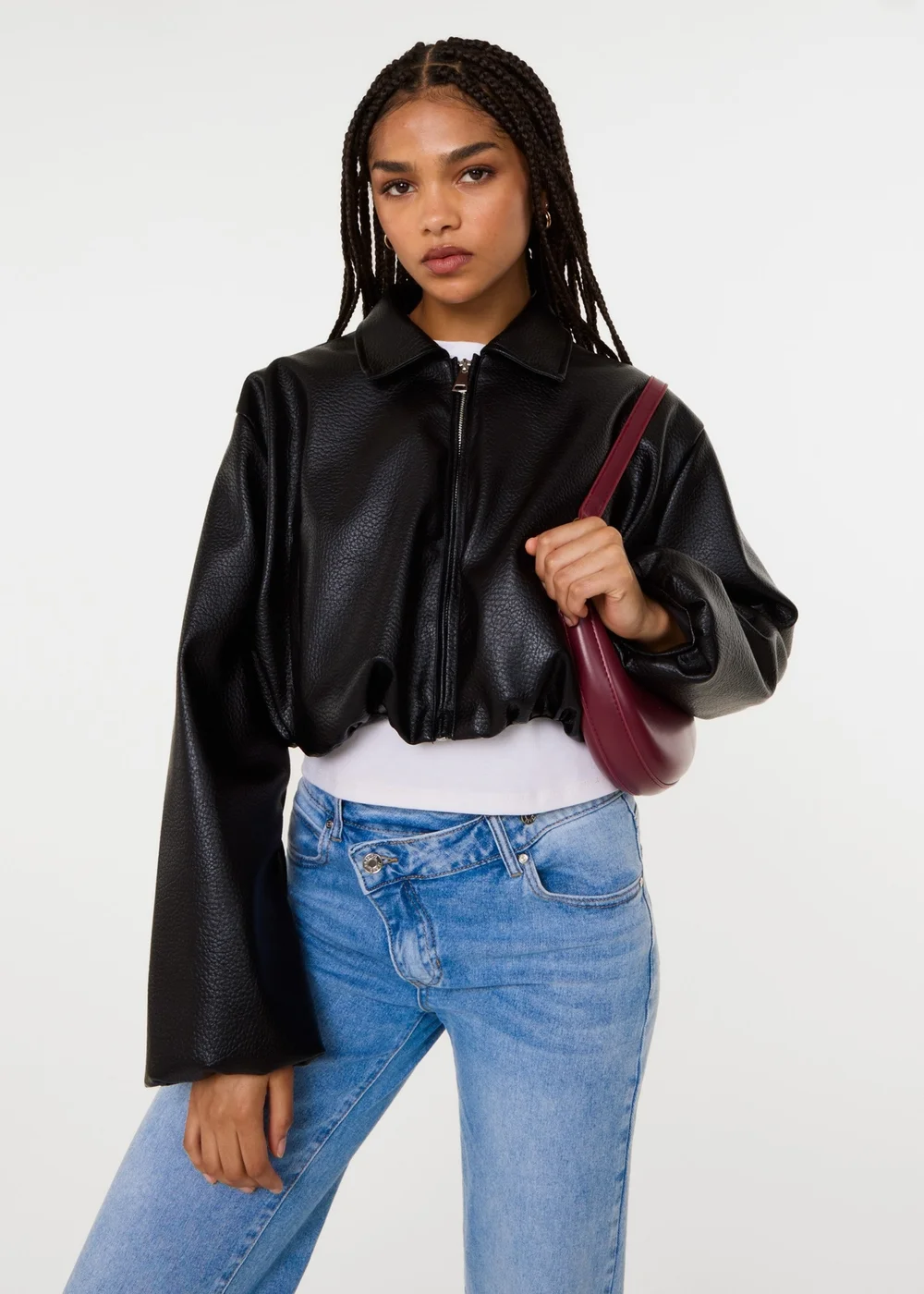 Pink Vanilla Black Faux Leather Puffball Jacket - S/M Image 1