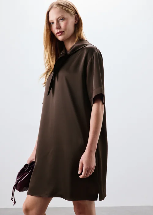 Brown Tie Neck Midi Dress - Size 8 Image 4