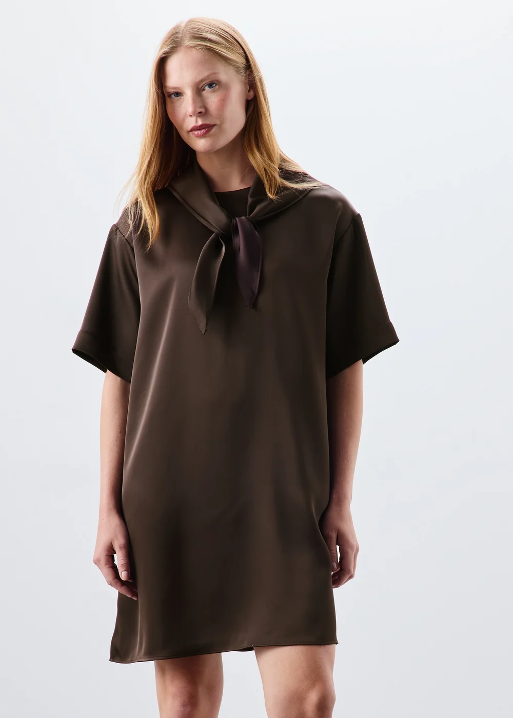 Brown Tie Neck Midi Dress - Size 8 Image 1