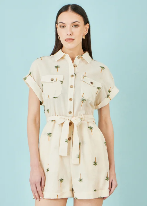 Yumi Beige Embroidered Palm Print Cotton Playsuit In White - XL Image 1