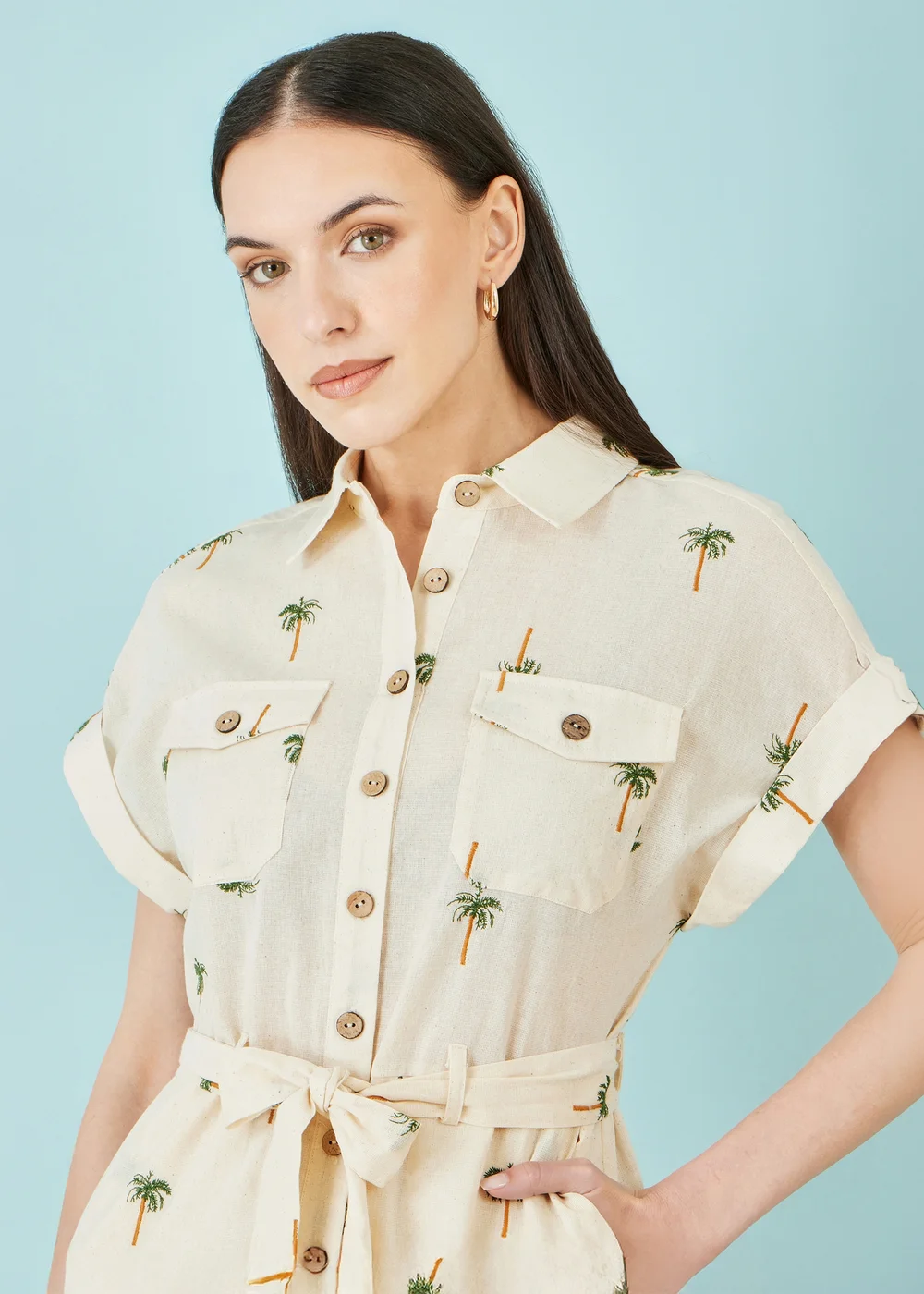 Yumi Beige Embroidered Palm Print Cotton Playsuit In White - XL Image 4