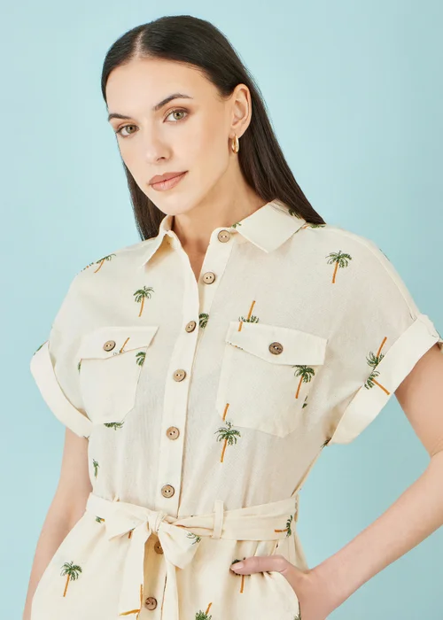 Yumi Beige Embroidered Palm Print Cotton Playsuit In White - XL Image 4