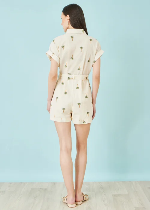 Yumi Beige Embroidered Palm Print Cotton Playsuit In White - XL Image 2