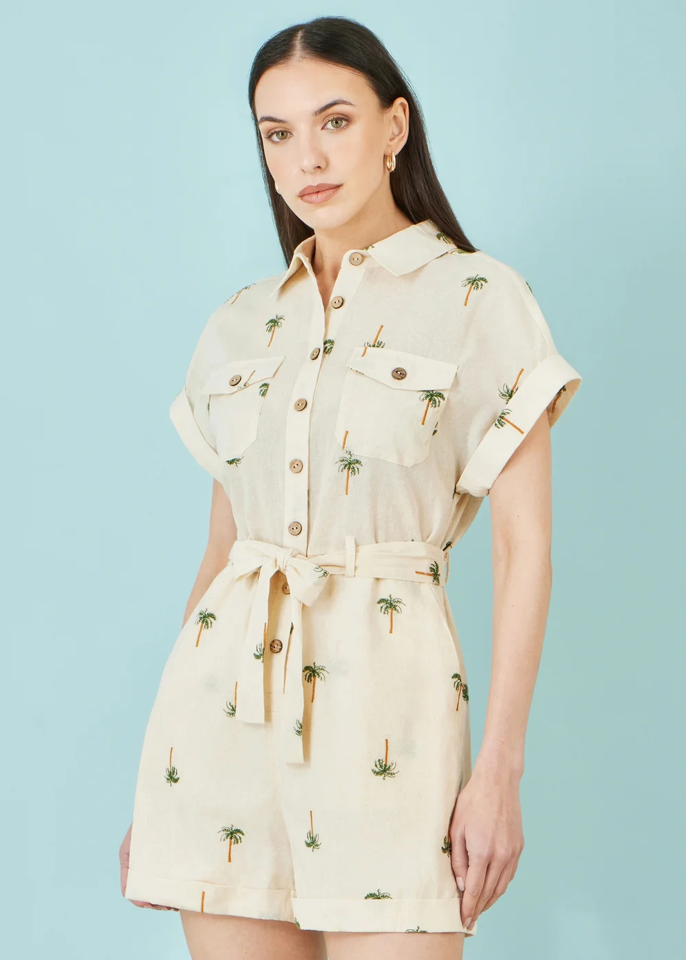 Yumi Beige Embroidered Palm Print Cotton Playsuit In White - XL Image 3
