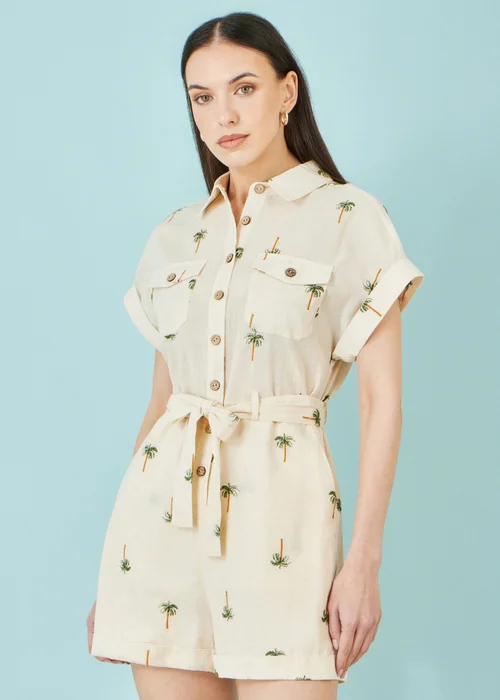 Yumi Beige Embroidered Palm Print Cotton Playsuit In White - XL Image 3