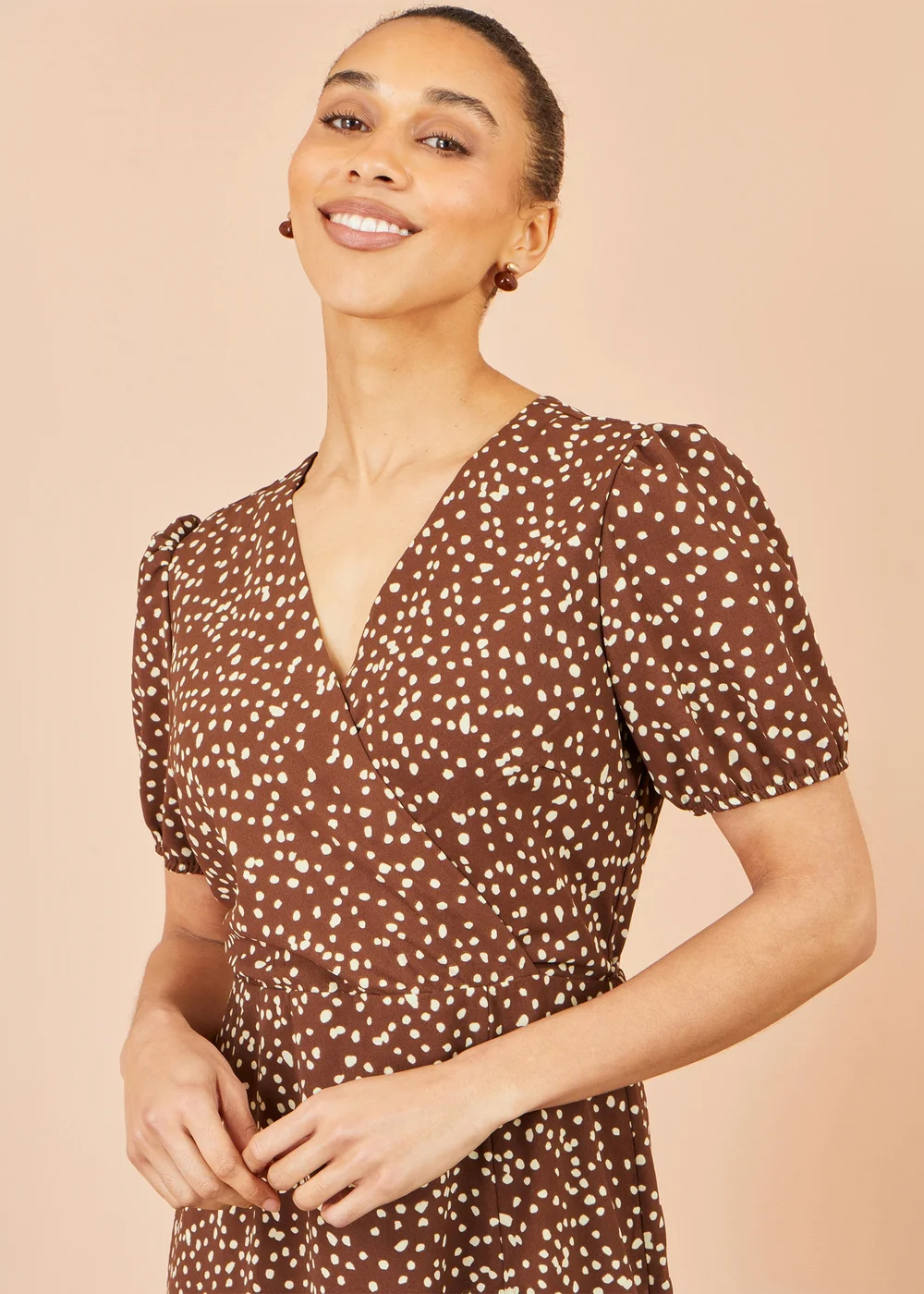 Yumi Brown Spot Midi Dress With Split Hemline - 12 Image 5