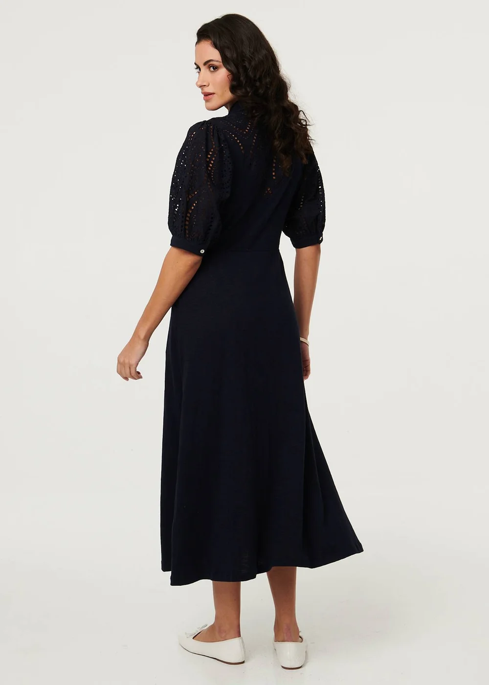 Izabel London Navy Embroidered Texture Midi Shirt Dress - 12 Image 3