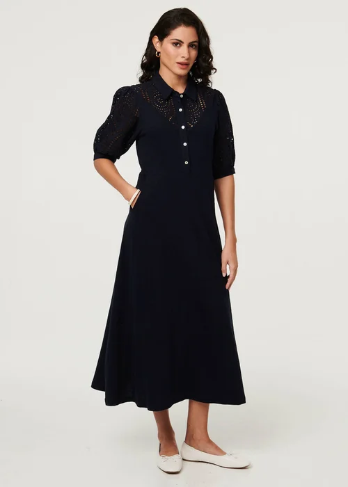 Izabel London Navy Embroidered Texture Midi Shirt Dress - 12 Image 1