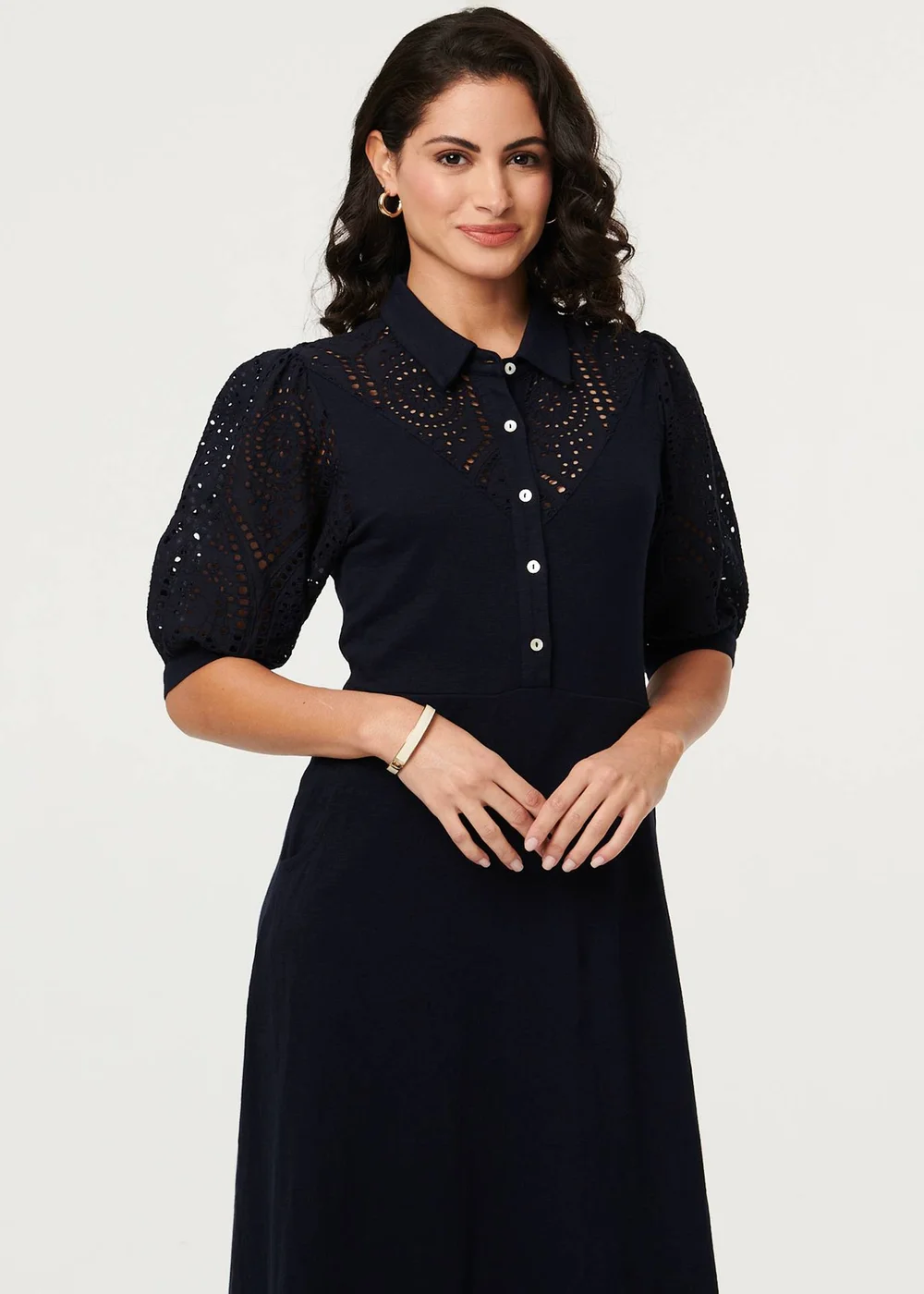 Izabel London Navy Embroidered Texture Midi Shirt Dress - 12 Image 2