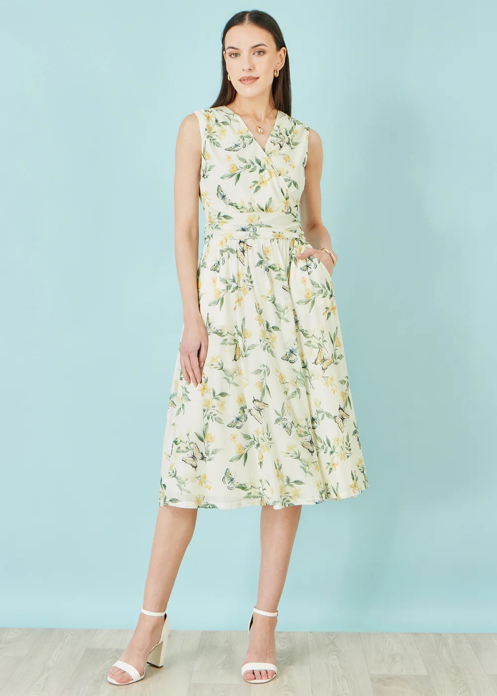 Yumi Ivory Floral Print Mesh Stretch Midi Dress With Pockets - 16 Image 2
