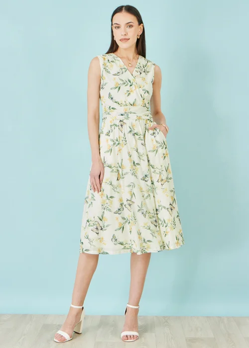 Yumi Ivory Floral Print Mesh Stretch Midi Dress With Pockets - 16 Image 2