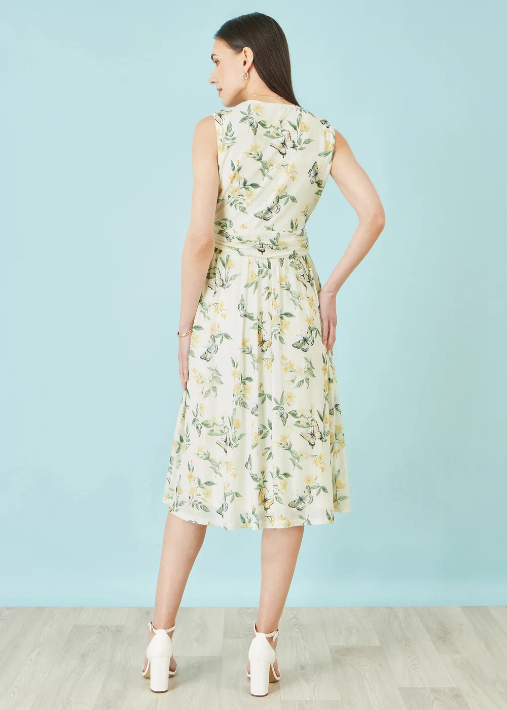 Yumi Ivory Floral Print Mesh Stretch Midi Dress With Pockets - 16 Image 3