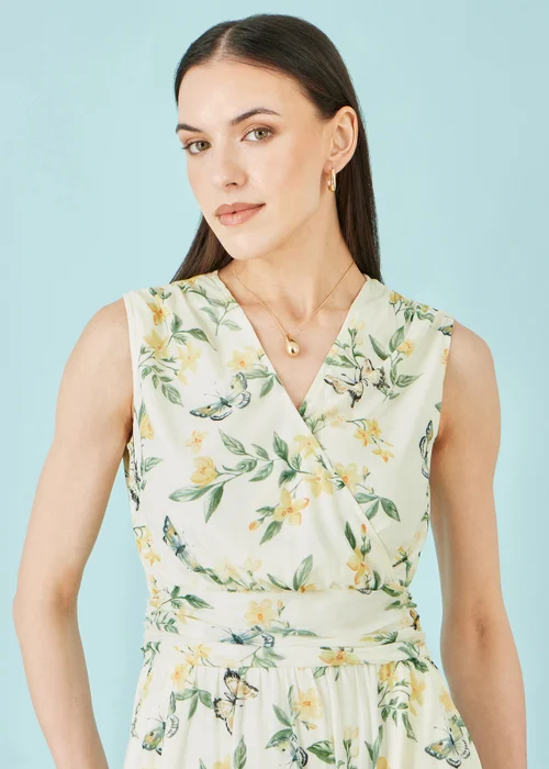 Yumi Ivory Floral Print Mesh Stretch Midi Dress With Pockets - 16 Image 4