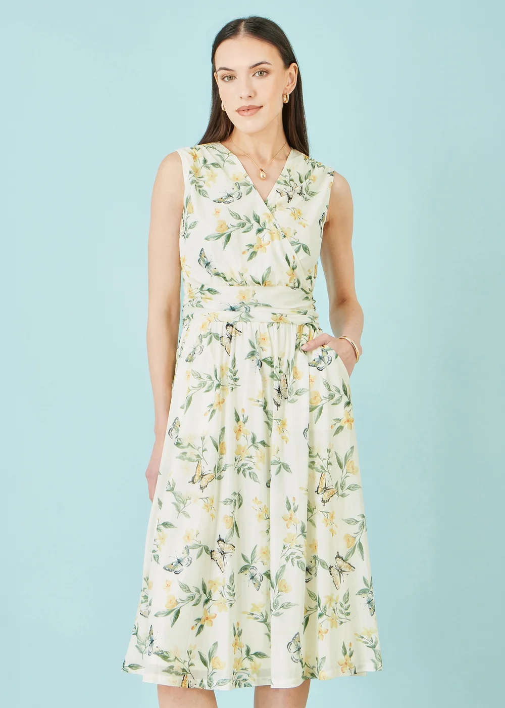 Yumi Ivory Floral Print Mesh Stretch Midi Dress With Pockets - 16 Image 1