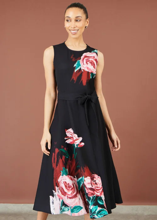Yumi Black Abstract Floral Skater Midi Dress - 16 Image 1