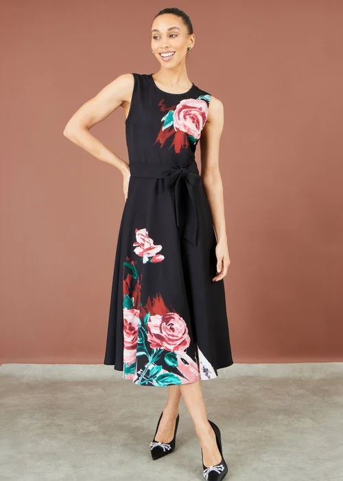 Yumi Black Abstract Floral Skater Midi Dress - 16 Image 3