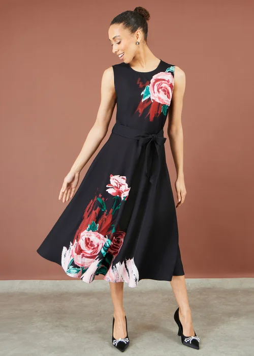 Yumi Black Abstract Floral Skater Midi Dress - 16 Image 2