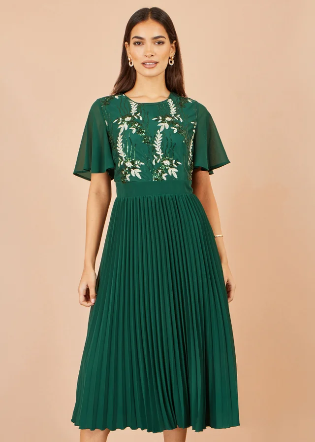 Yumi Green Sequin Embroidered Pleated Midi Dress