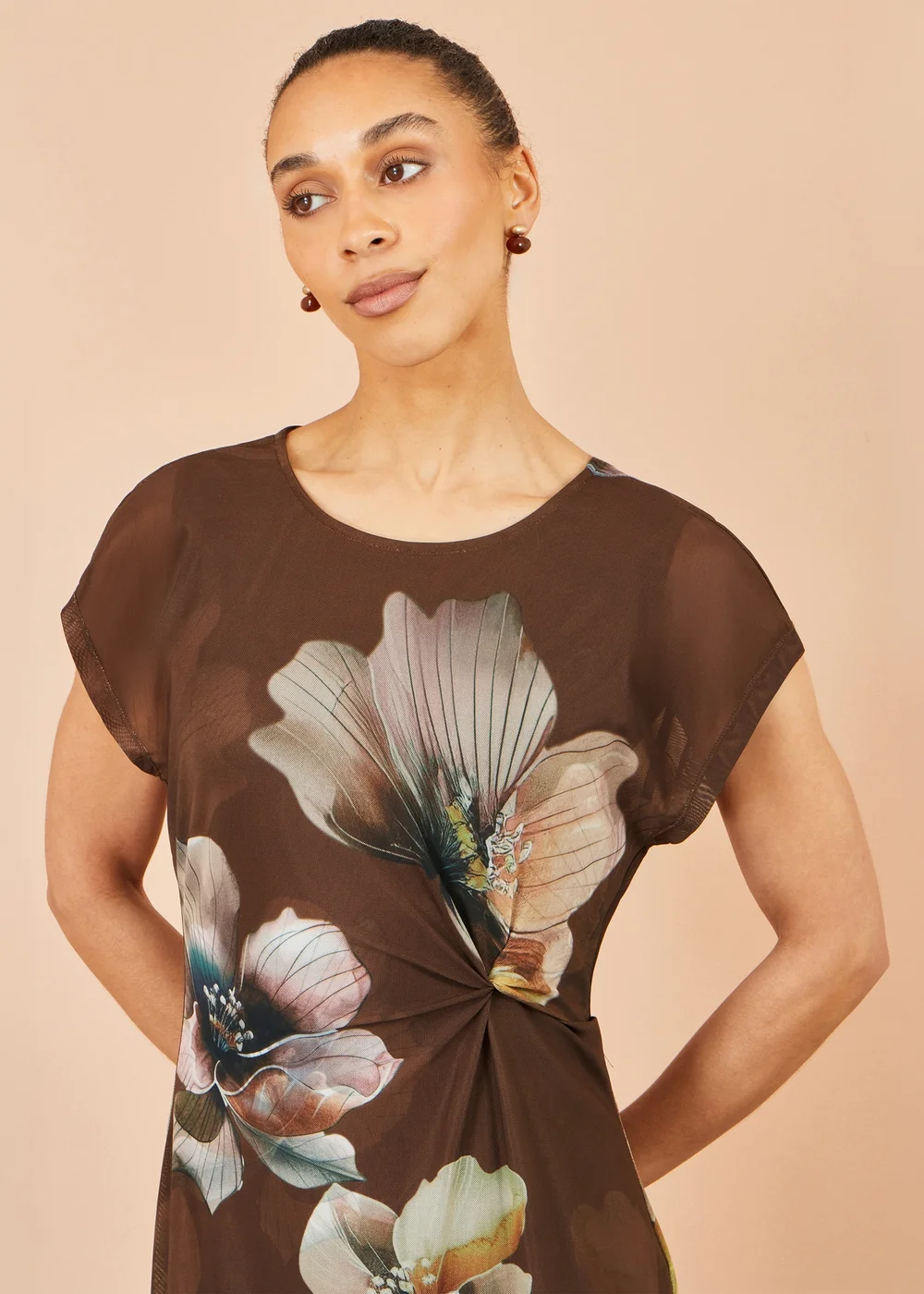 Yumi Brown Mesh Floral Midi Dress - 14 Image 4