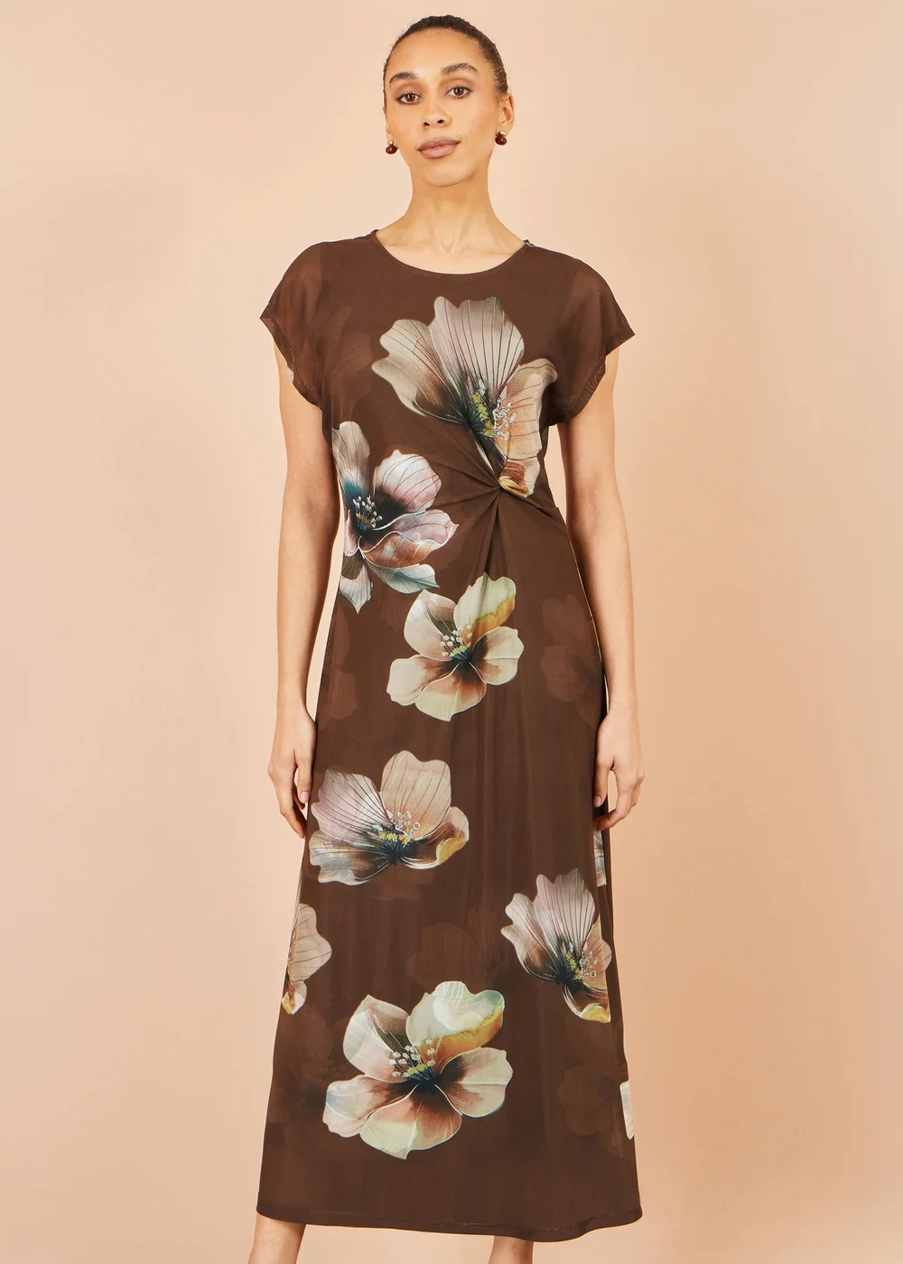 Yumi Brown Mesh Floral Midi Dress - 14 Image 1