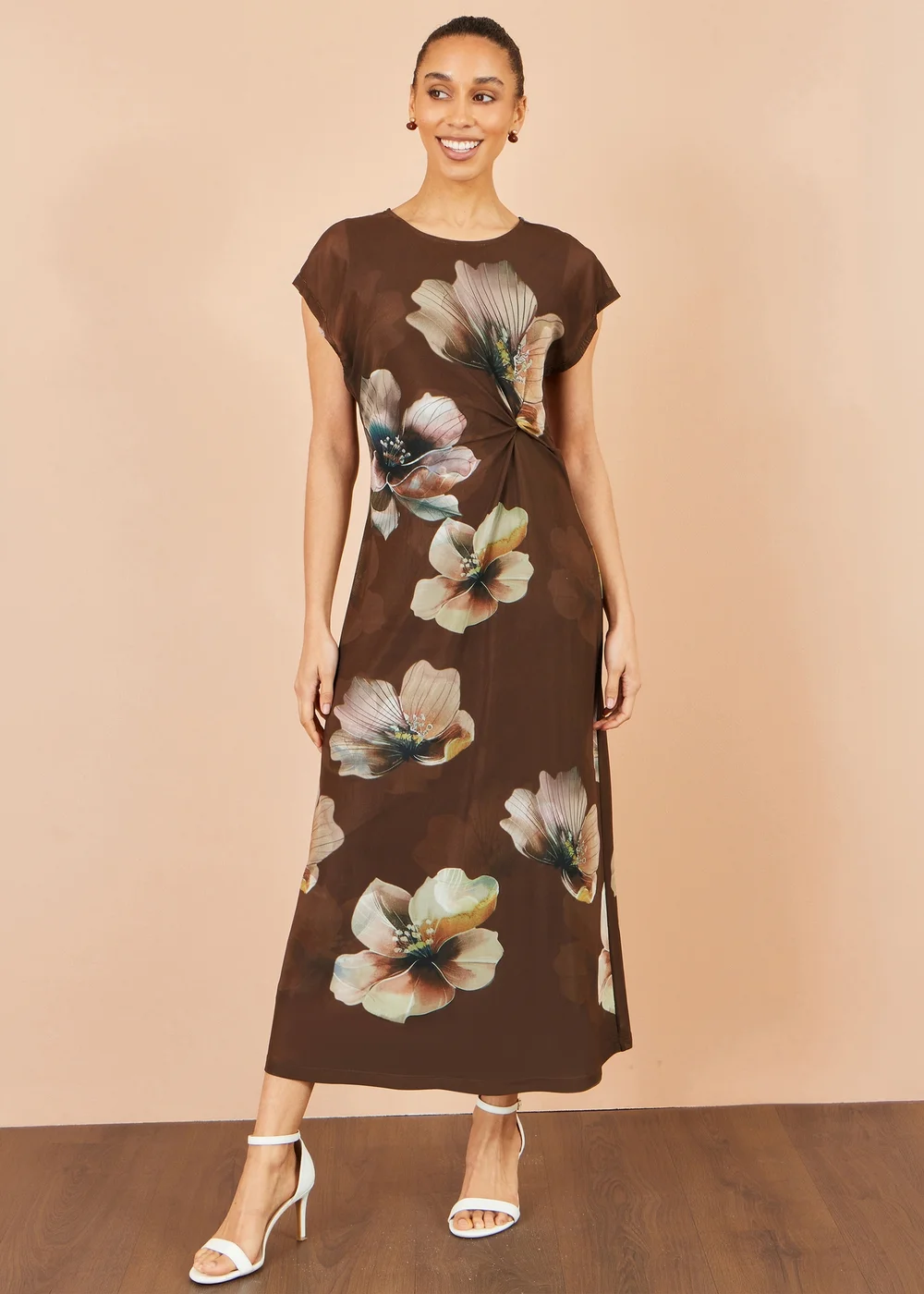 Yumi Brown Mesh Floral Midi Dress - 14 Image 2