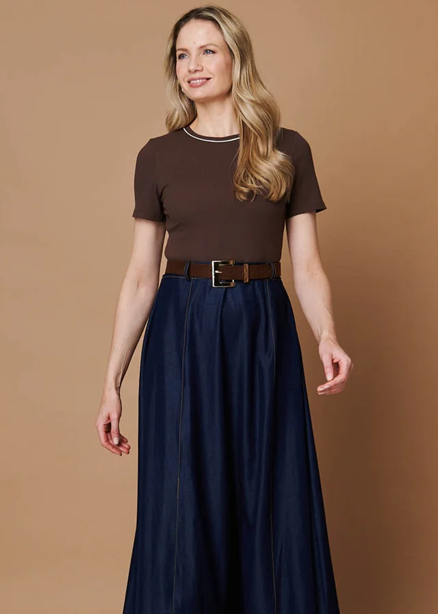 Izabel London Chocolate Removable Belt Denim Skirt Midi Dress