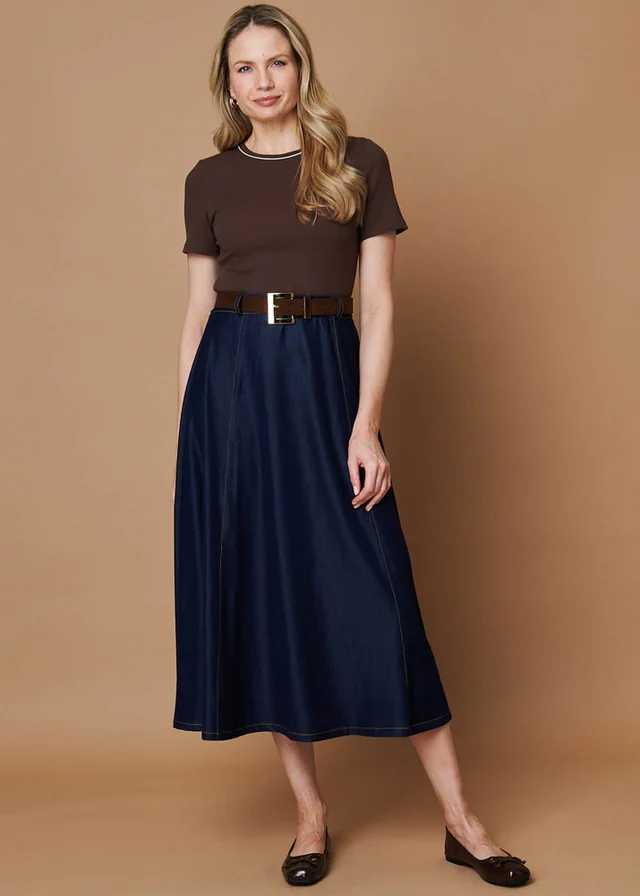 Izabel London Chocolate Removable Belt Denim Skirt Midi Dress