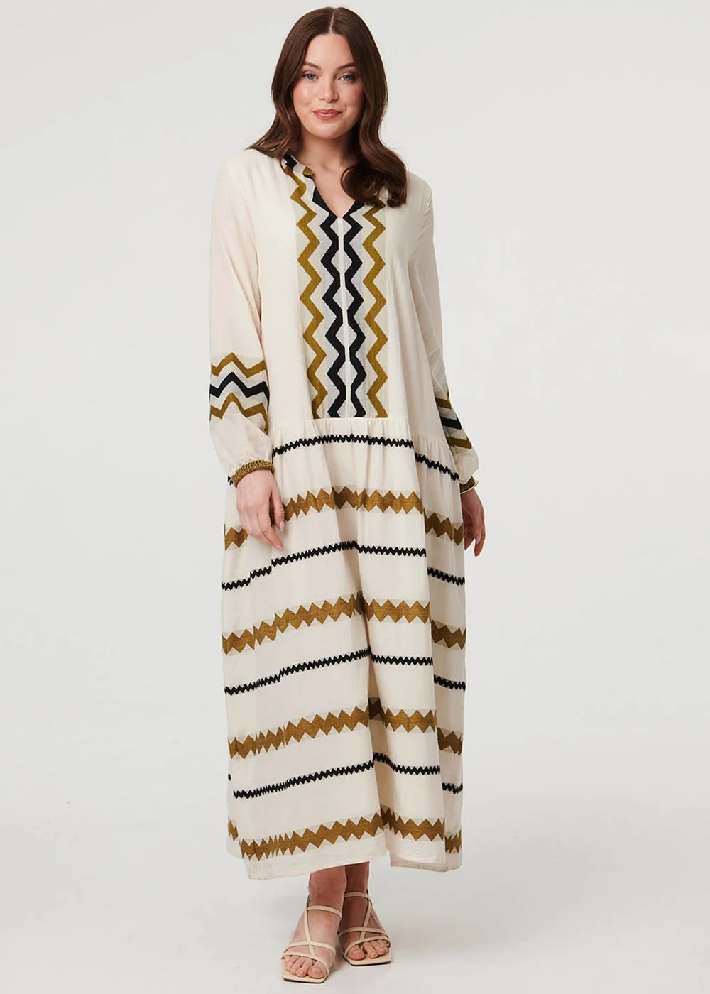 Izabel London Multi Brown Zigzag Print Long Sleeve Maxi Dress - 14 Image 1