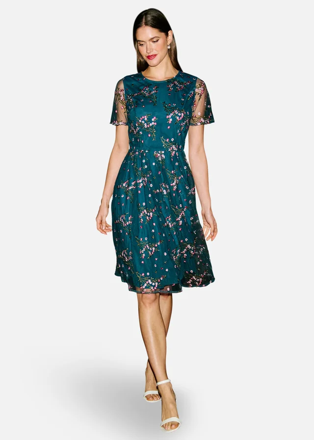 Yumi Teal Embroidered Floral Mesh Prom Dress