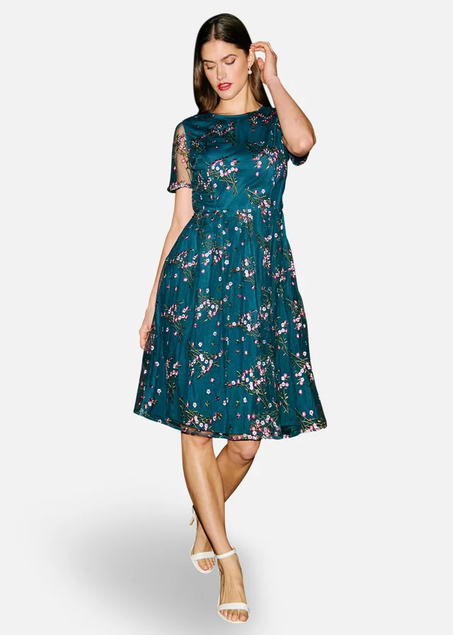 Yumi Teal Embroidered Floral Mesh Prom Dress