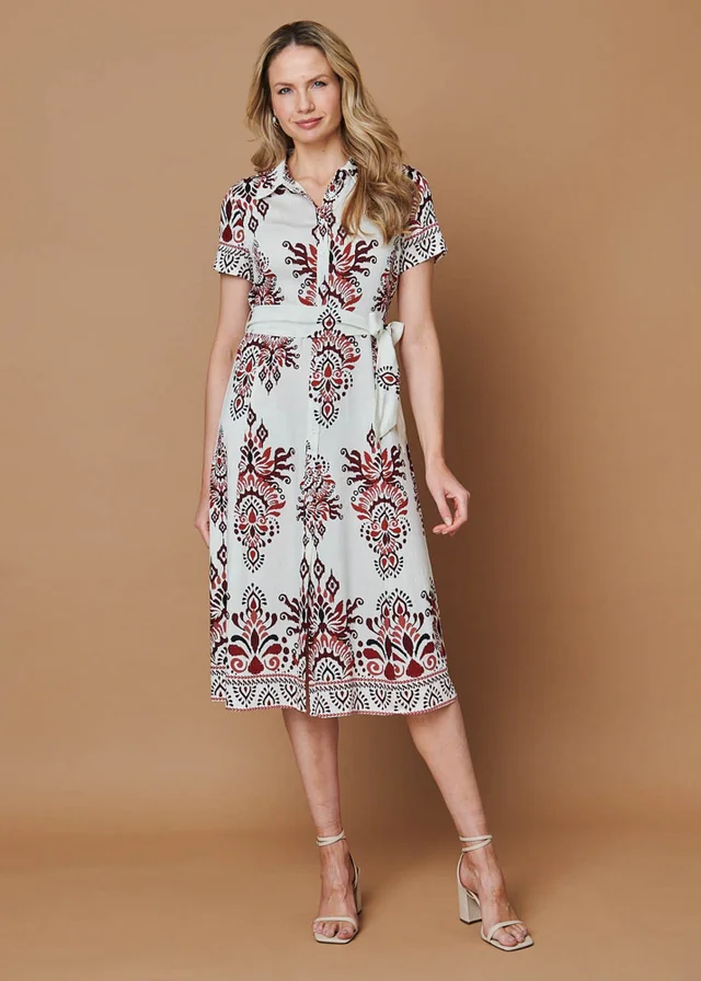 Izabel London Red Border Print Short Sleeve Midi Dress