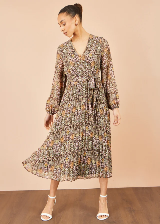 Yumi Brown Ditsy Floral Pleated Midi Dress