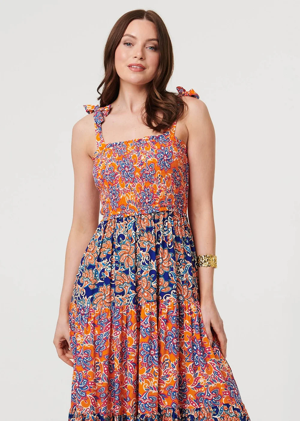 Izabel London Orange Floral Tiered Tie Strap Maxi Sun Dress - 16 Image 1