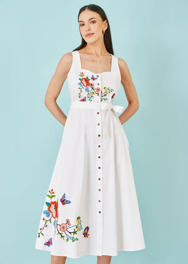 Yumi White Cotton Midi Dress With Embroidery