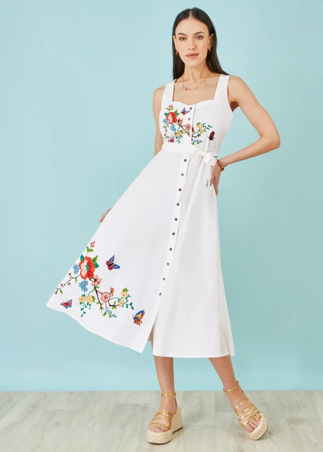 Yumi White Cotton Midi Dress With Embroidery