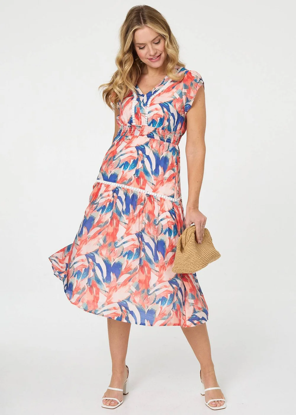 Izabel London Blue Abstract Lace Trim Cap Sleeve Midi Dress - 10 Image 1