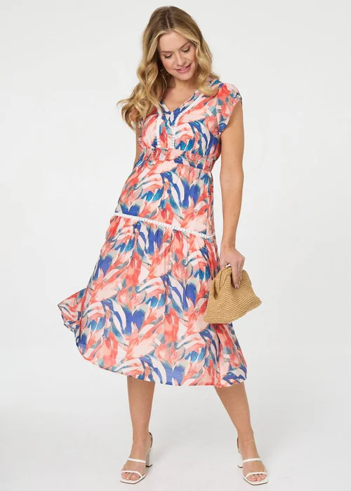 Izabel London Blue Abstract Lace Trim Cap Sleeve Midi Dress - 10 Image 1