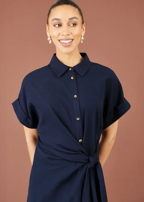 Yumi Navy Wrap Tie Midi Shirt Dress - 8 Image 5