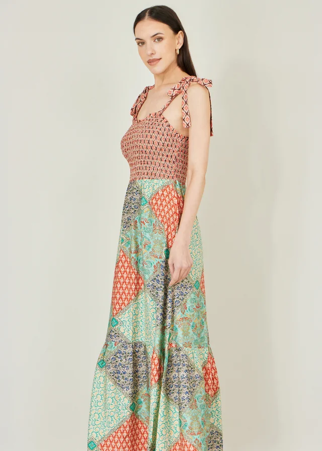Yumi Multicolour Viscose Patchwork Ruched Smocked Maxi Sundress