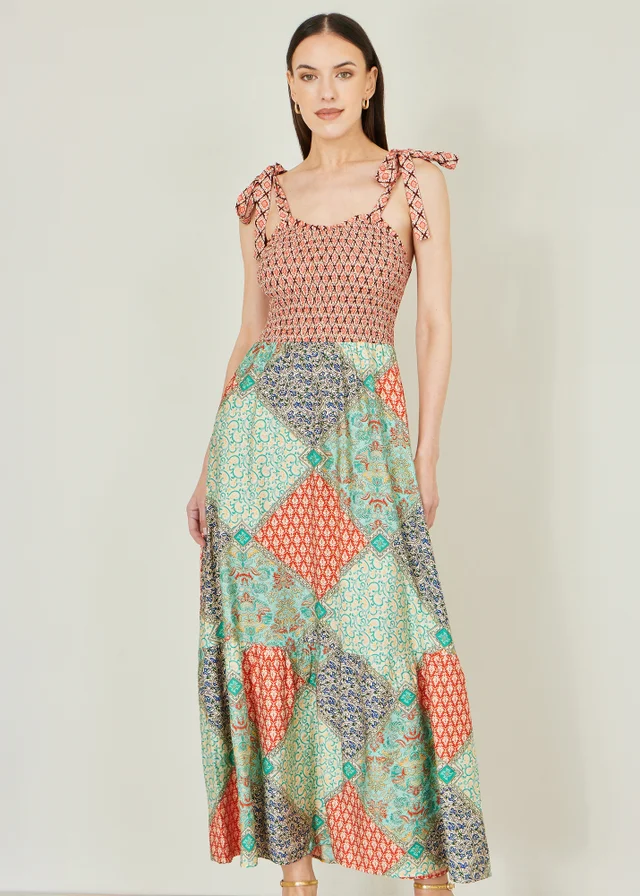 Yumi Multicolour Viscose Patchwork Ruched Smocked Maxi Sundress
