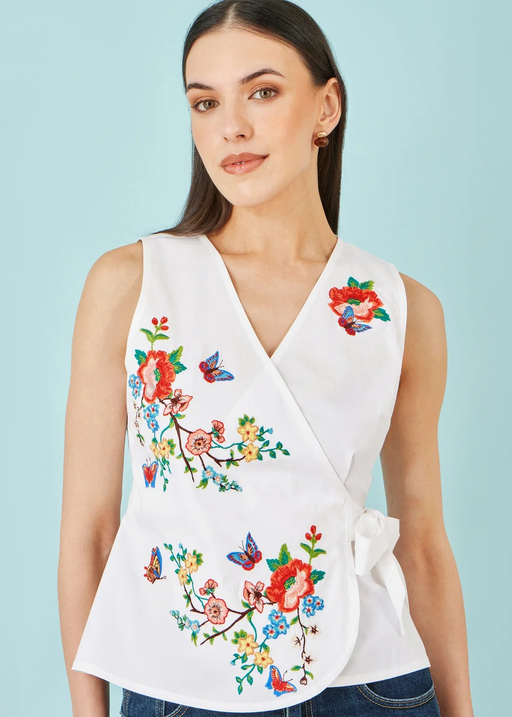 Yumi White Stretch Cotton Embroidered Wrap Top - 12 Image 4